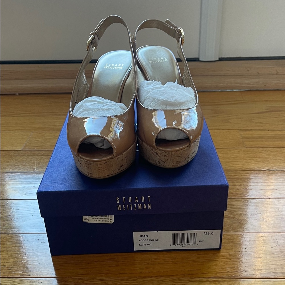 Stuart Weitzman Tan Patent Leather Platform Sandals size 9